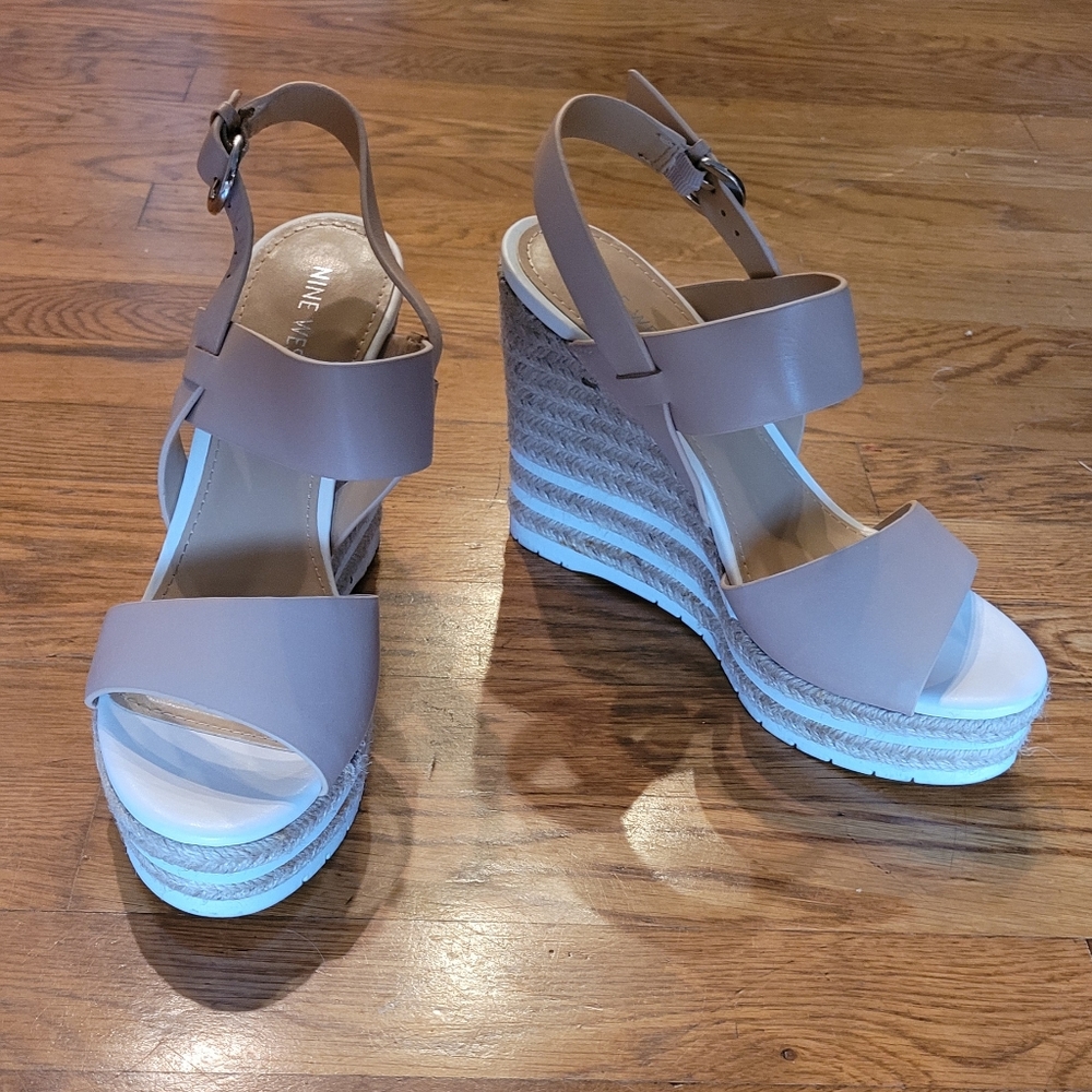 New NINE WEST platform Wedge Sisal Beige Leather open toe Slingback Shoes, 8.5 M